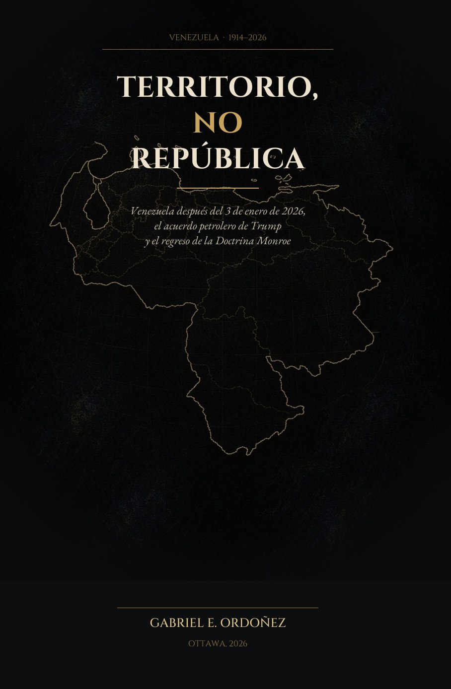 Portada de Territorio, No República: título en dorado sobre fondo negro con el contorno de Venezuela